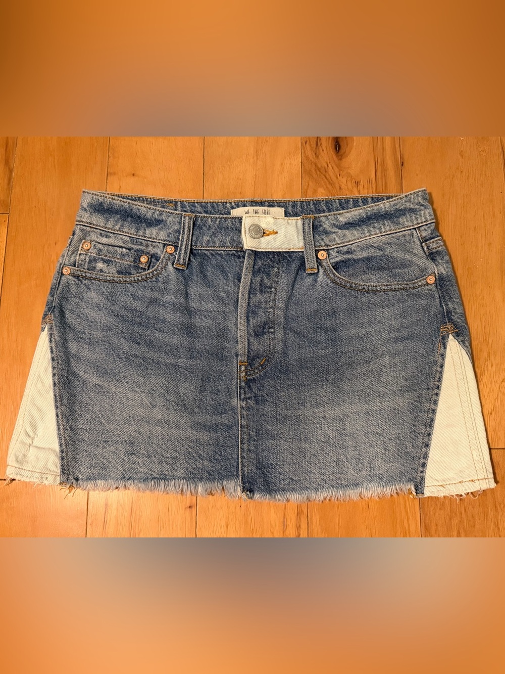 We The Free Blue Denim Mini Skirt with White Side Panels